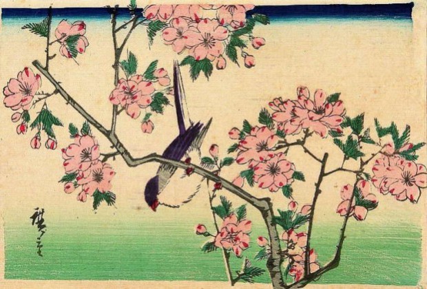 Stampa ukiyoe di Hiroshige III raffigurante un uccellino su un ramo di albero di sakura.