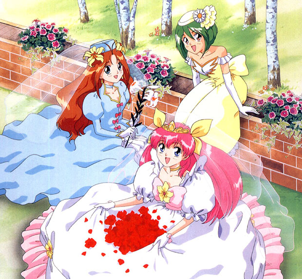 Le protagoniste di "Wedding Peach" in abito da sposa.