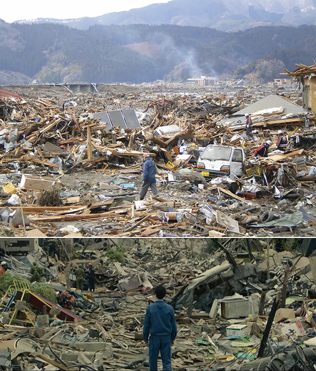 Foto di Fukushima dopo lo tsunami dell'11 marzo 2011 a confronto con un fotogramma di "Godzilla Resurgence".