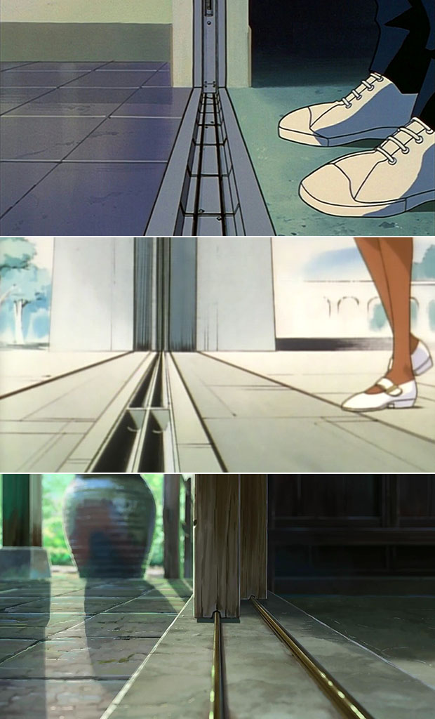 Confronto fra fotogrammi di "Neon Genesis Evangelion", "Utena la fillette révolutionnaire" e "Kimi no na wa.".