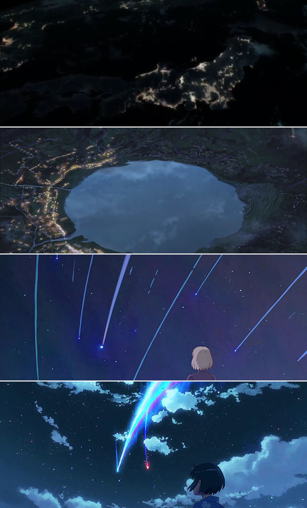 Confronto fra fotogrammi di "Kimi no na wa." con "Evangelion 1.0" e "Il castello errante di Howl".