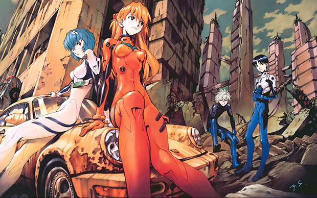 Illustrazione di Yoshiyuki Sadamoto dei protagonisti di "Neon Genesis Evangelion".