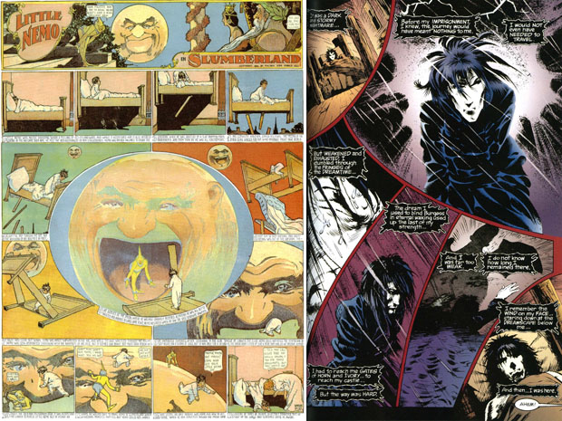 Due tavole da "Little Nemo" di Winsor McCay e da "Sandman" scritto da Neil Gaiman e illustrato da Sam Kieth.