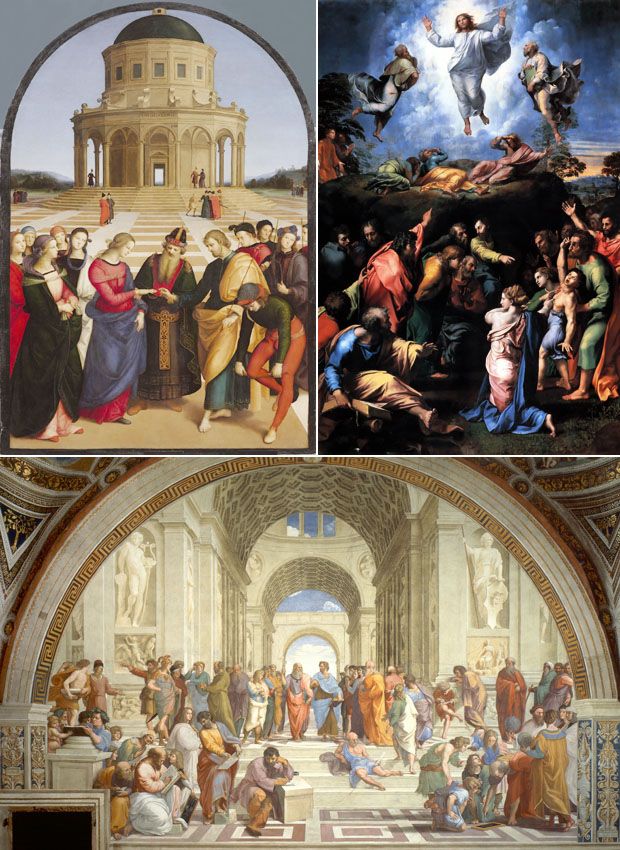 Tre opere di Raffaello: "Sposalizio della Vergine", "Scuola di Atene", "Trasfigurazione".