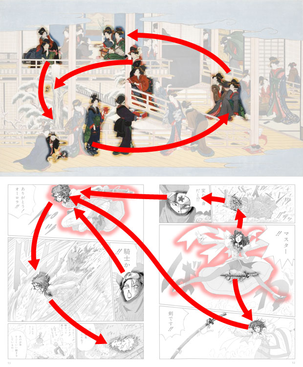 Confonto fra "Neve a Fukagawa" di Kitagawa Utamaro e due tavole di "The Five Star Stories" di Mamoru Nagano.