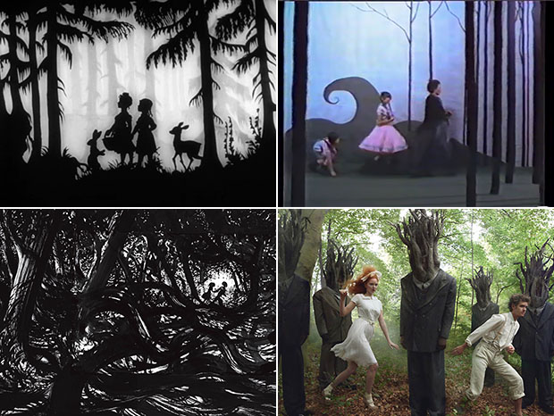 Il bosco di "Hansel e Gretel" nelle quattro versioni di Lotte Reiniger, Tim Burton, Lorenzo Mattotti e Annie Leibovitz.