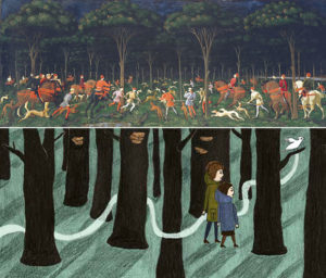 Confronto fra "Caccia notturna" di Paolo Uccello e "Hansel e Gretel" di Sophia Martineck.