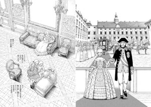 Tavole da "Maria Antonietta: la gioventù di una regina" di Fuyumi Soryo.