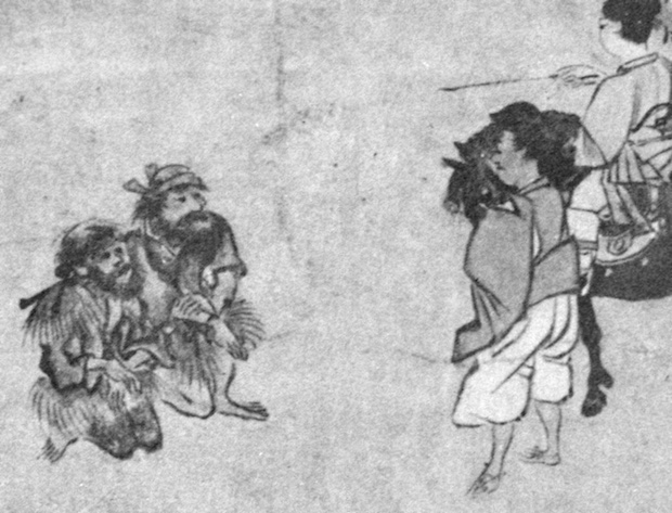 Dettaglio di un rotolo dipinto rappresentante degli Emishi che riveriscono il Principe Shoutoku.