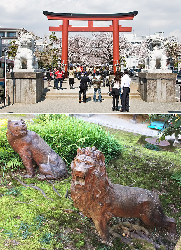 Komainu al Santuario Tsurugaoka Hachiman-guu di Kamakura e al Giardino Kourakuen di Okayama.