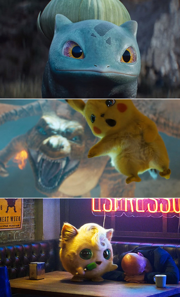 Tre fotogrammi di "Pokémon: Detective Pikachu" di Rob Letterman.