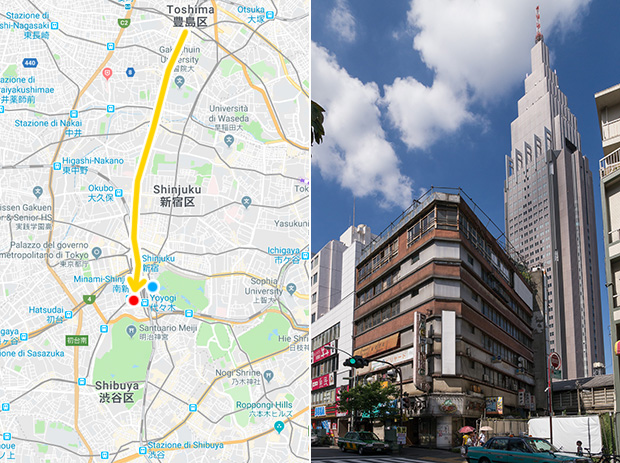 Mappa di Tokyo da Ikebukuro a Shibuya e immagine dei palazzi Yoyogi Kaikan e NTT docomo Yoyogi Building a Tokyo.