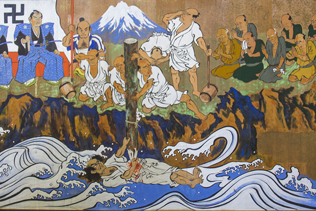 Rappresentazione del rituale di hitobashira alla diga di Fujisaki nel 1609.