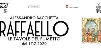 Immagine promozionale per la mostra "Raffaello - Le tavole del fumetto" di Alessandro Bacchetta al Museo PAFF! di Perdenone.