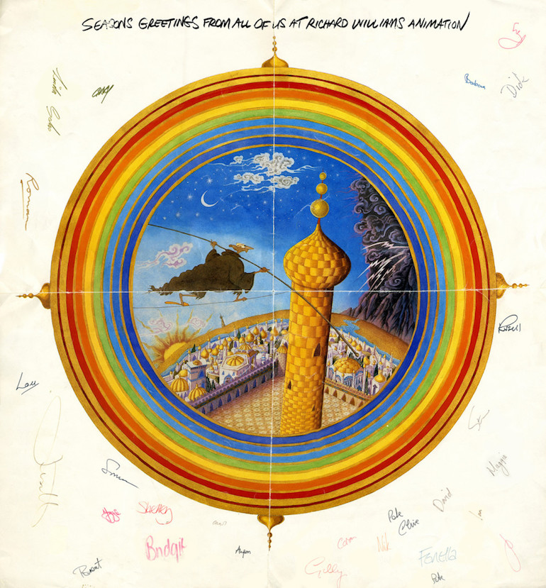 Biglietto di auguri natalizio dello studio d'animazione di Richard Williams con un'immagine da "The Thief and the Cobbler" ("Il ladro e il ciabattino").