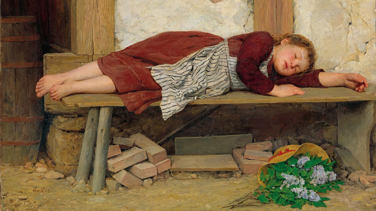 Dipinto "Ragazza che dorme su una panchina" di Albert Anker.