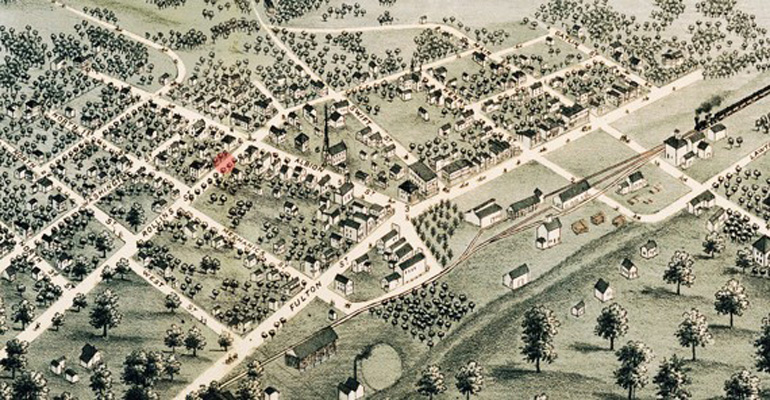 Vista aerea di Edgerton, Wisconsin, nel 1871. Courtesy of John Foust.