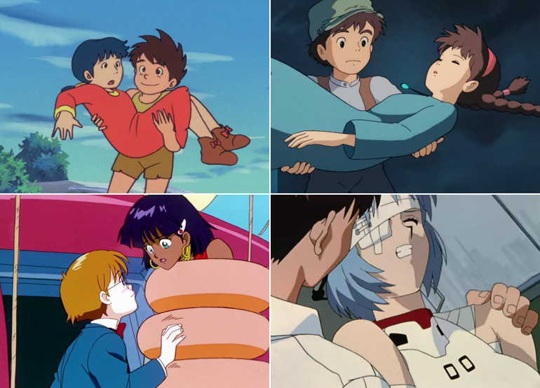 Fotogrammi da "Conan il ragazzo del futuro", "Laputa - Castello nel cielo", "Nadia - Il mistero della pietra azzurra" e "Neon Genesis Evangelion".