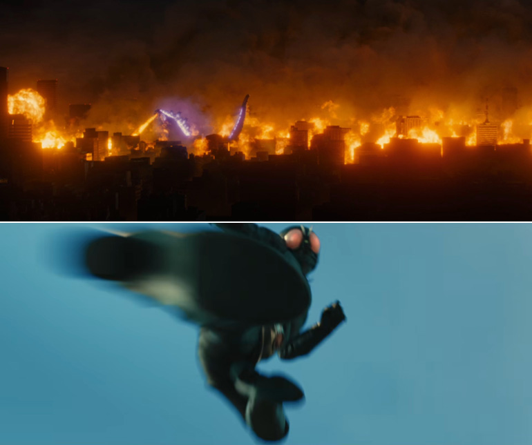 Confronto fra fotogrammi da "Shin Godzilla" e "Shin Kamen Rider" di Hideaki Anno.