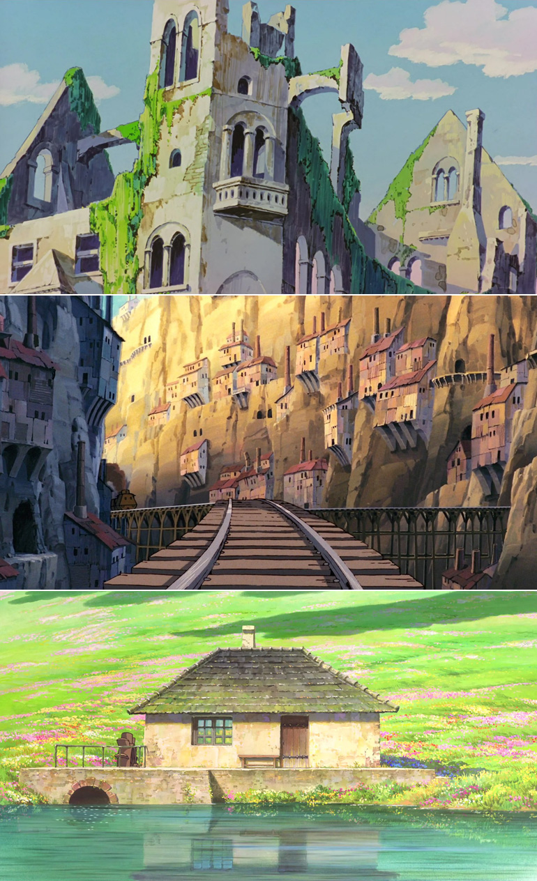 Fotogrammi da "Lupin III – Il castello di Cagliostro", "Laputa – Castello nel cielo" e "Il castello errante di Howl" di Hayao Miyazaki.