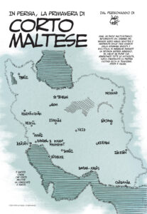Tavola dal fumetto "In Persia, la primavera di Corto Maltese" di Golsa Adabdar, Shana Rose Jones, Kivarash Nasiri e Golab Sadeghi.